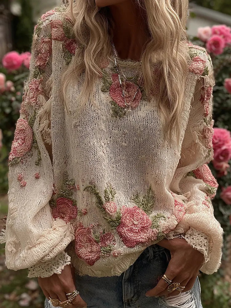 Women's Retro Rose Floral Art Cozy Crew Neck Sweater