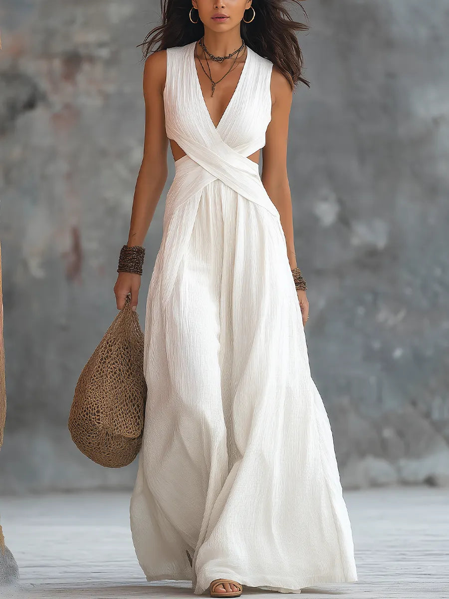 Elegant Ivory Crisscross Cutout Halter Maxi Dress