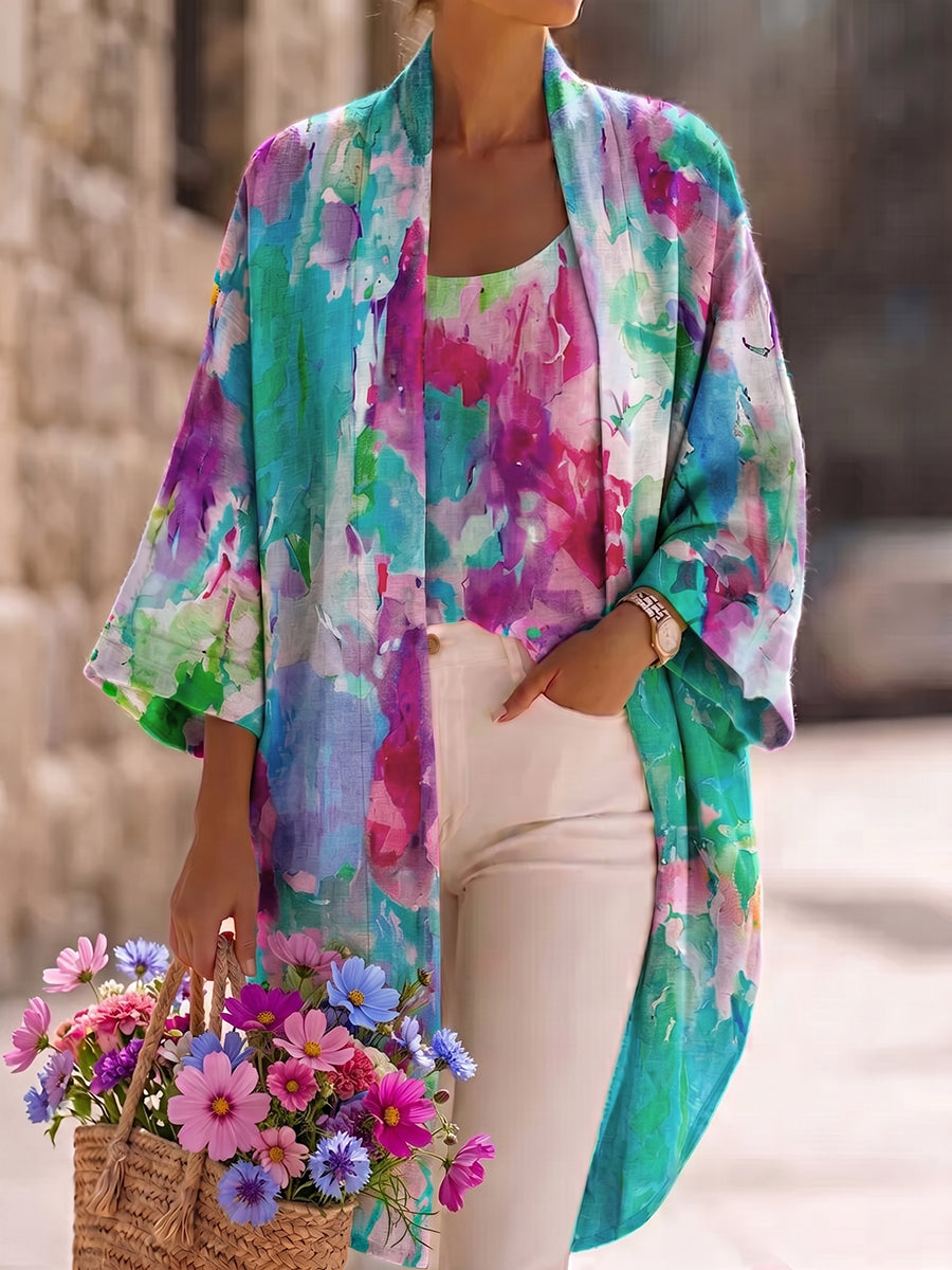 Artistic Watercolor Print Cotton-linen Cardigan & Vest Two-piece Set