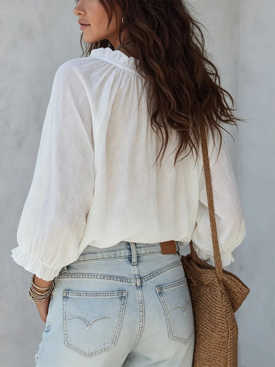 Airy White Lace-Up Boho Blouse