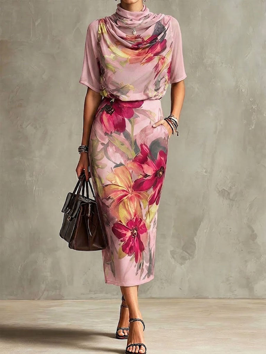 Women's Retro Abstract Print Cowl Neck Short-sleeve Loose Chiffon Top & High-waisted Pencil Skirt Set