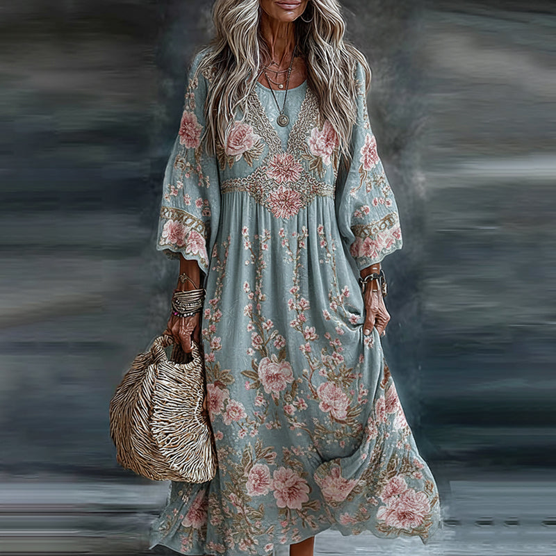 Women's Floral Art Flowy Linen Blend Casual Long Sleeve Maxi Dress