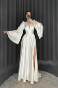 P3010 - Deep V-Neck Long Sleeves Satin Pleats Satin Simple Beach Wedding Dress