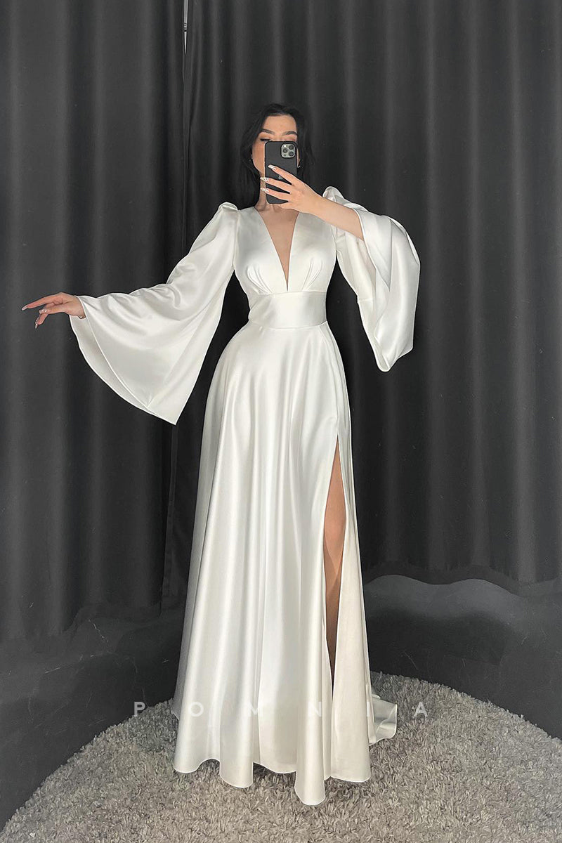 P3010 - Deep V-Neck Long Sleeves Satin Pleats Satin Simple Beach Wedding Dress