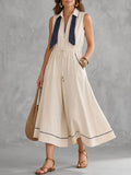 Zipper Pockets Elasticity Drawstring Contrast Color Wide Leg Sleeveless Lapel Jumpsuits