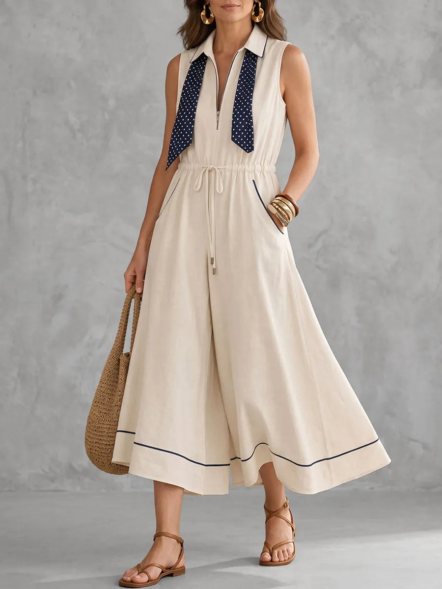 Zipper Pockets Elasticity Drawstring Contrast Color Wide Leg Sleeveless Lapel Jumpsuits