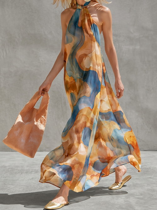 Bohemian Style Watercolor Print Backless Halter Neck Maxi Dress