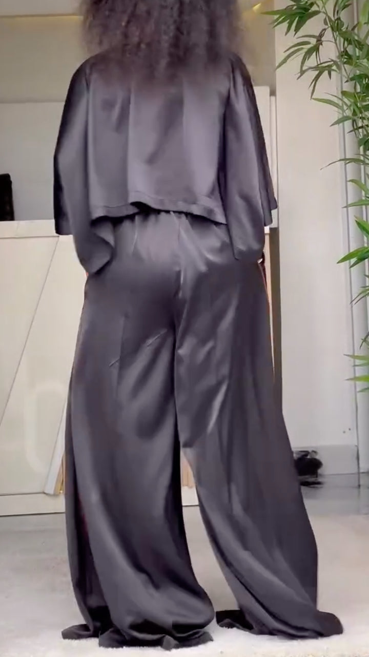 Satin Cape-Style Top & Wide-Leg Pants Set