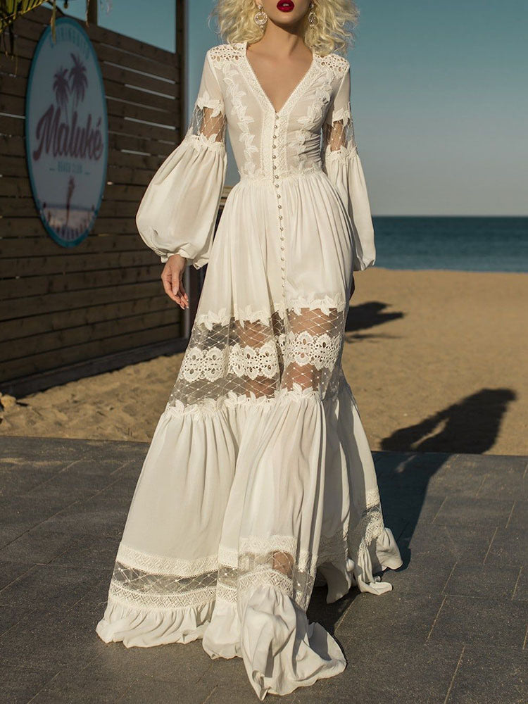 Wedding Long Sleeves Empire Plunging Hollow See-Through White Maxi Dresses
