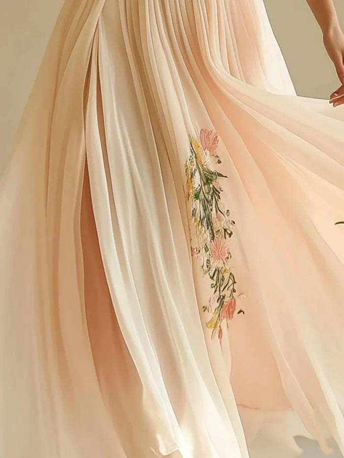 Women's Elegant Pleated Round-Neck Maxi Dress - Minimalist Tiered Ruffle Hem Flowy Sundress - Ethereal Loose Fit Party Dress