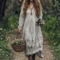 Women's Vintage Floral Lace Art  Linen Blend Maxi Dress