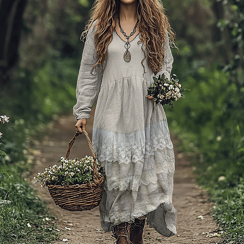 Women's Vintage Floral Lace Art  Linen Blend Maxi Dress