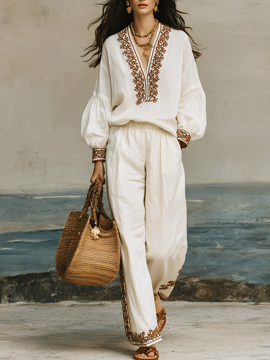 Elegant Vacation Linen Artisan Embroidery Wide-Leg Set