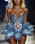 Sexy Rhinestone Crystal Embellished Sequin 3D Flower Skirt Mini Dress