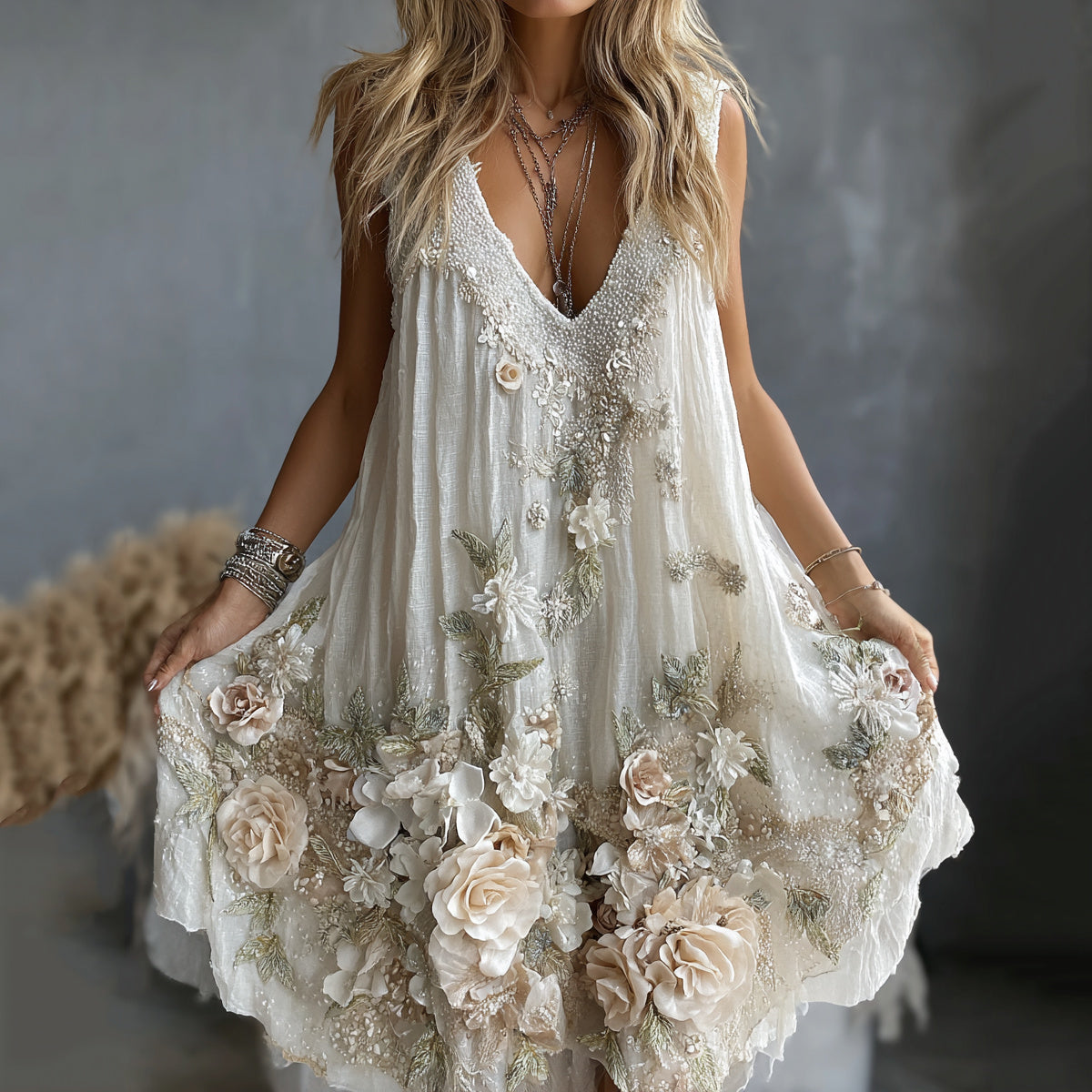 Women's Vintage Rose Art V-neck Tank Midi Dress