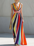 [24-hour shipping out]Elegant Flowing V-neck Rainbow Stripe Print Chiffon Maxi Dress