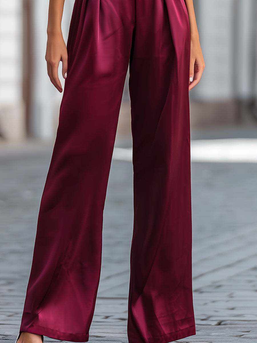 High-Neck Satin Top & Pleated Wide-Leg Trouser Set