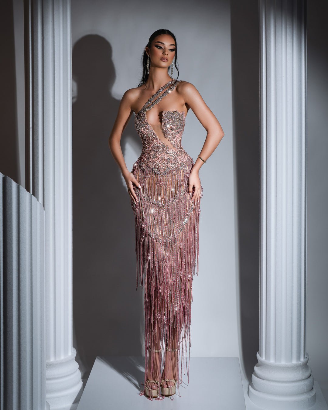 Andrée Light Pink Dress with Tassels and Crystals