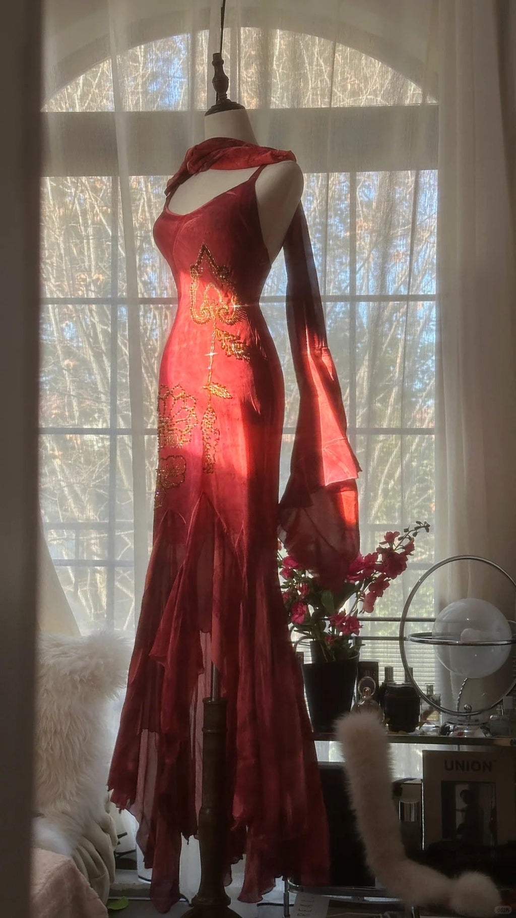 Red Romantic Fashion Elegant Exquisite Lotus Gold Beaded Long Chiffon Fishtail Skirt Mermaid Slim Ball Gown Evening Dress Birthday/Wedding Guest/Holiday Party Dress Prom Dress Valentine's Day Date Dress 4029