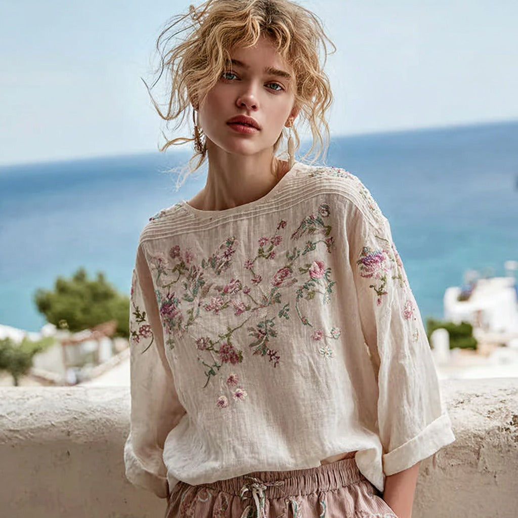 Women's Vintage Floral Embroidery Linen Crew Neck Long Sleeve T-shirt