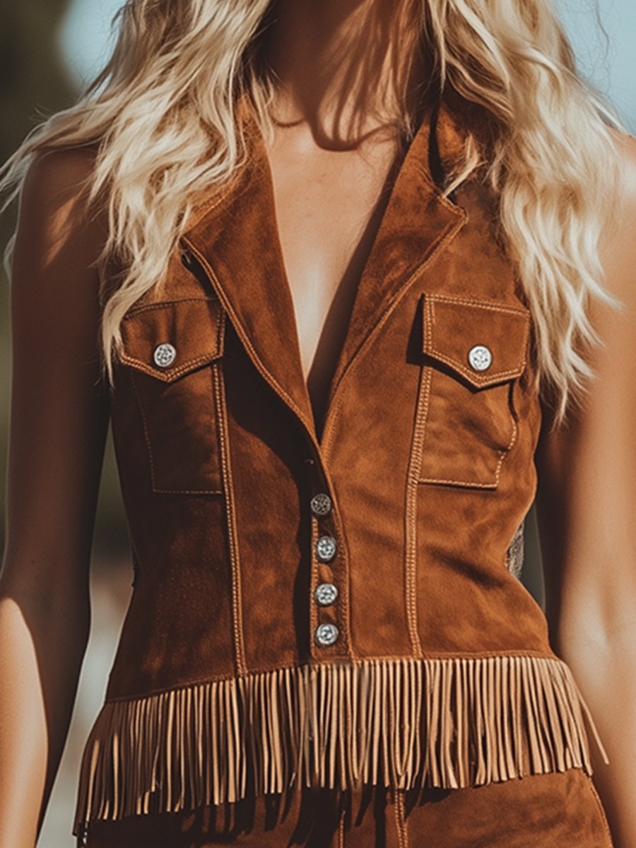 [24-hour shipping out]Vintage Western Style Tassel Brown Suede Vest Shorts Set