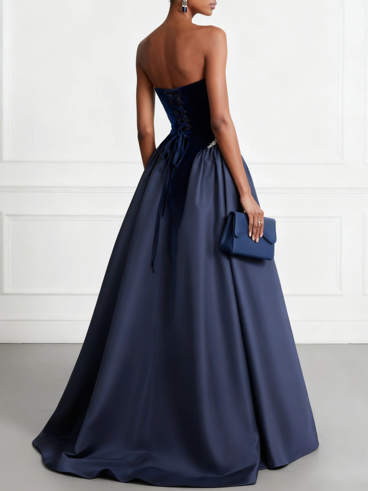 Navy Faux Pearl Split Joint Satin Strapless Sleeveless A-Line Maxi Dress