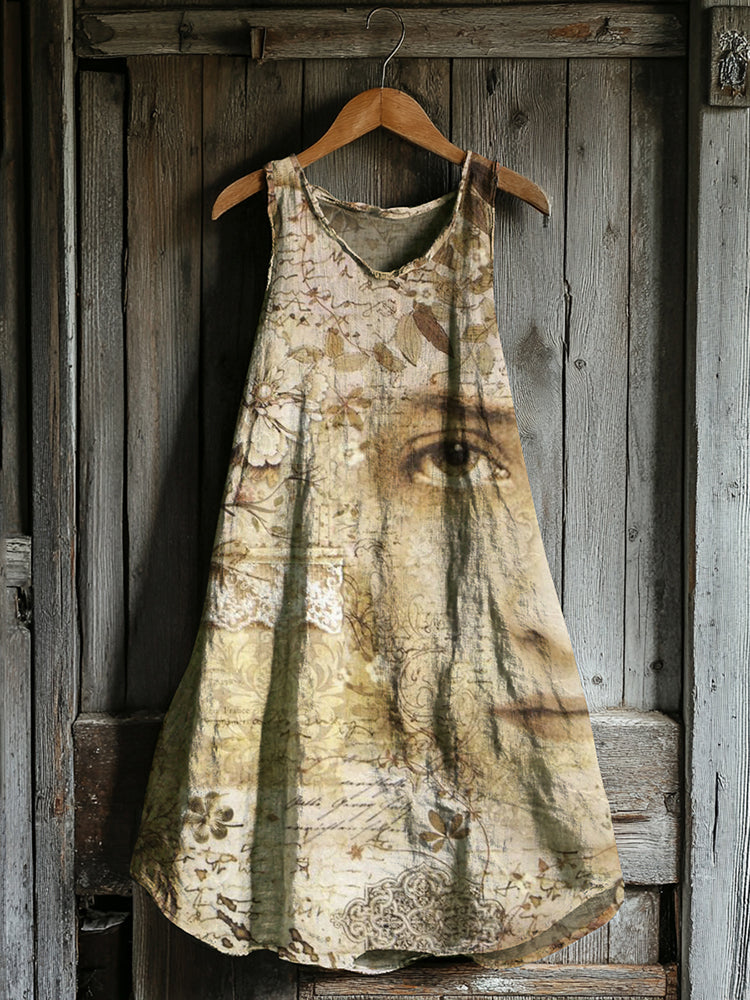 Vintage Flower Face Art Linen Blend Tank Midi Dress ddba