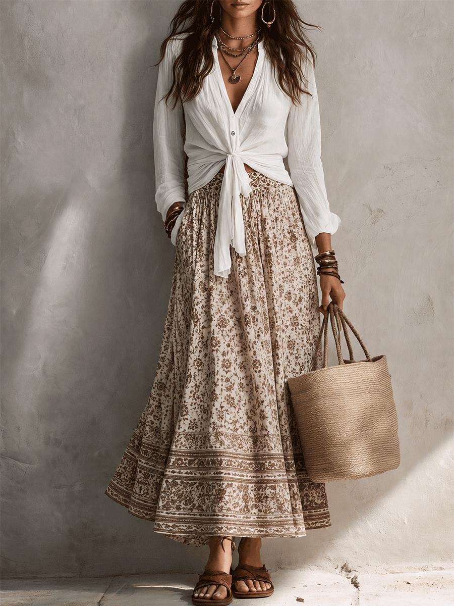 Effortless Coastal Romance Tie-Front White Shirt & Boho Maxi Skirt Ensemble
