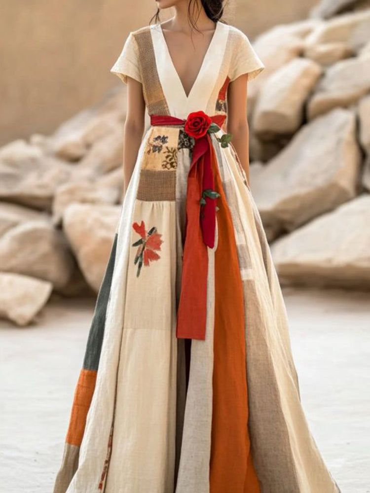 Women's Vintage Floral Art Cotton Linen Maxi Dress