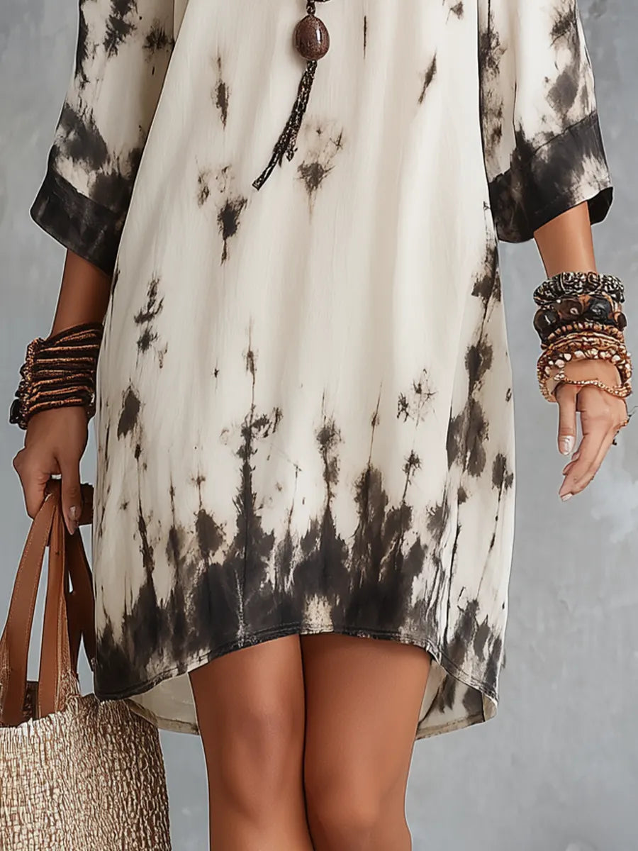Relaxed Ivory Tie-Dye Cold Shoulder Mini Dress