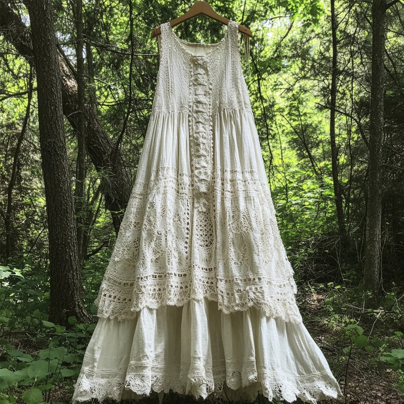 Vintage Floral Lace Patchwork Sleeveless Linen Maxi Dress