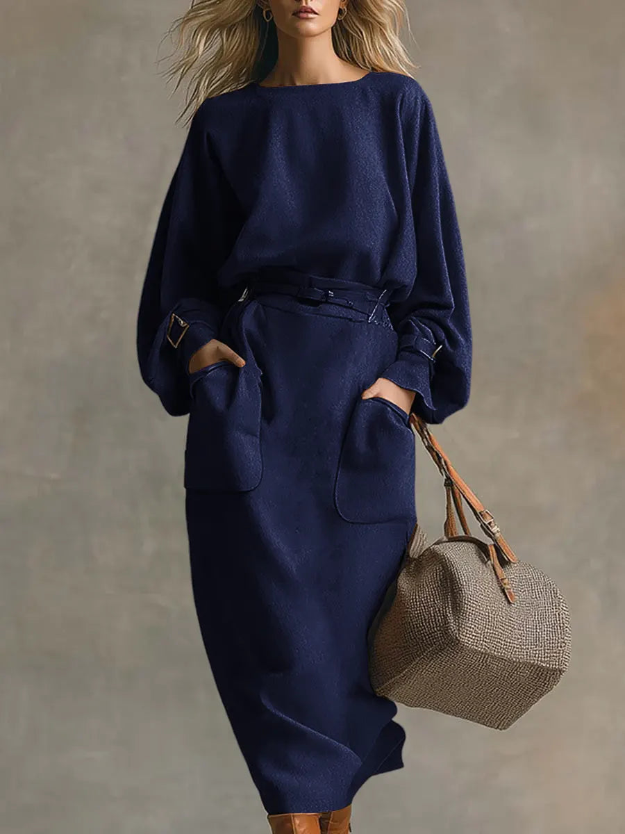 Women's Solid Color Round Neck Long Sleeve Casual Loose Dress