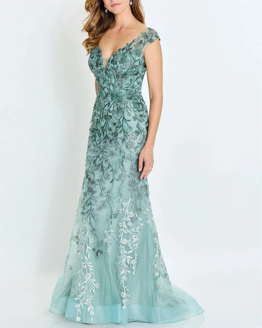 Women's V Neck Embroidered Mesh Evening Dress