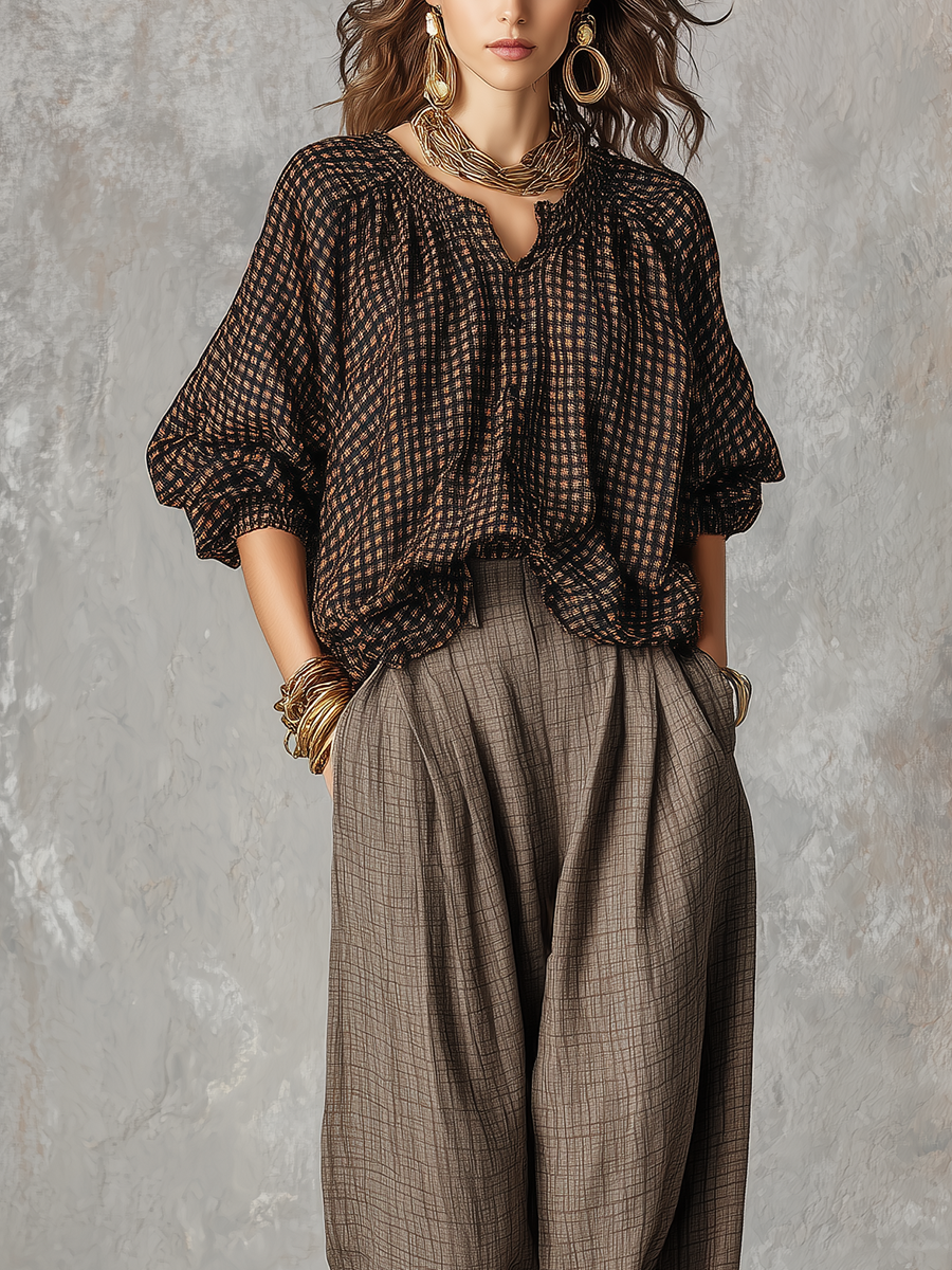 Bohemian Brown Plaid Shirt And Trousers Suit
