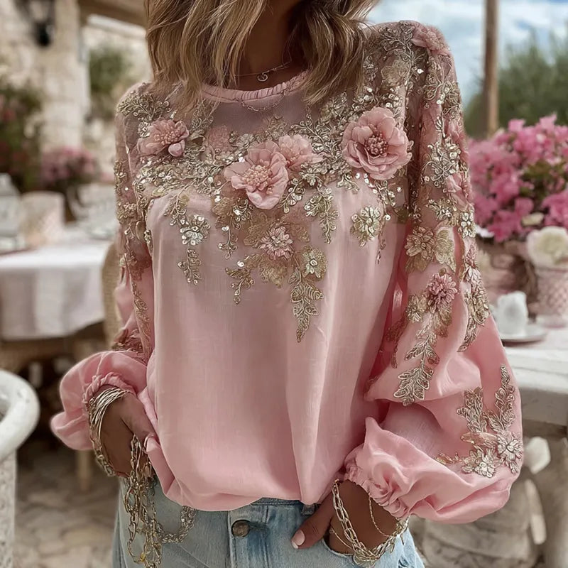Women's Elegant Pink Flower Embroidery Art Round Neck Long Sleeve T-shirt