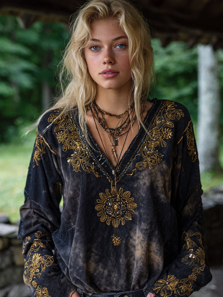 Mysterious Sun Divination Art V-neck Tie-dyed Linen Top