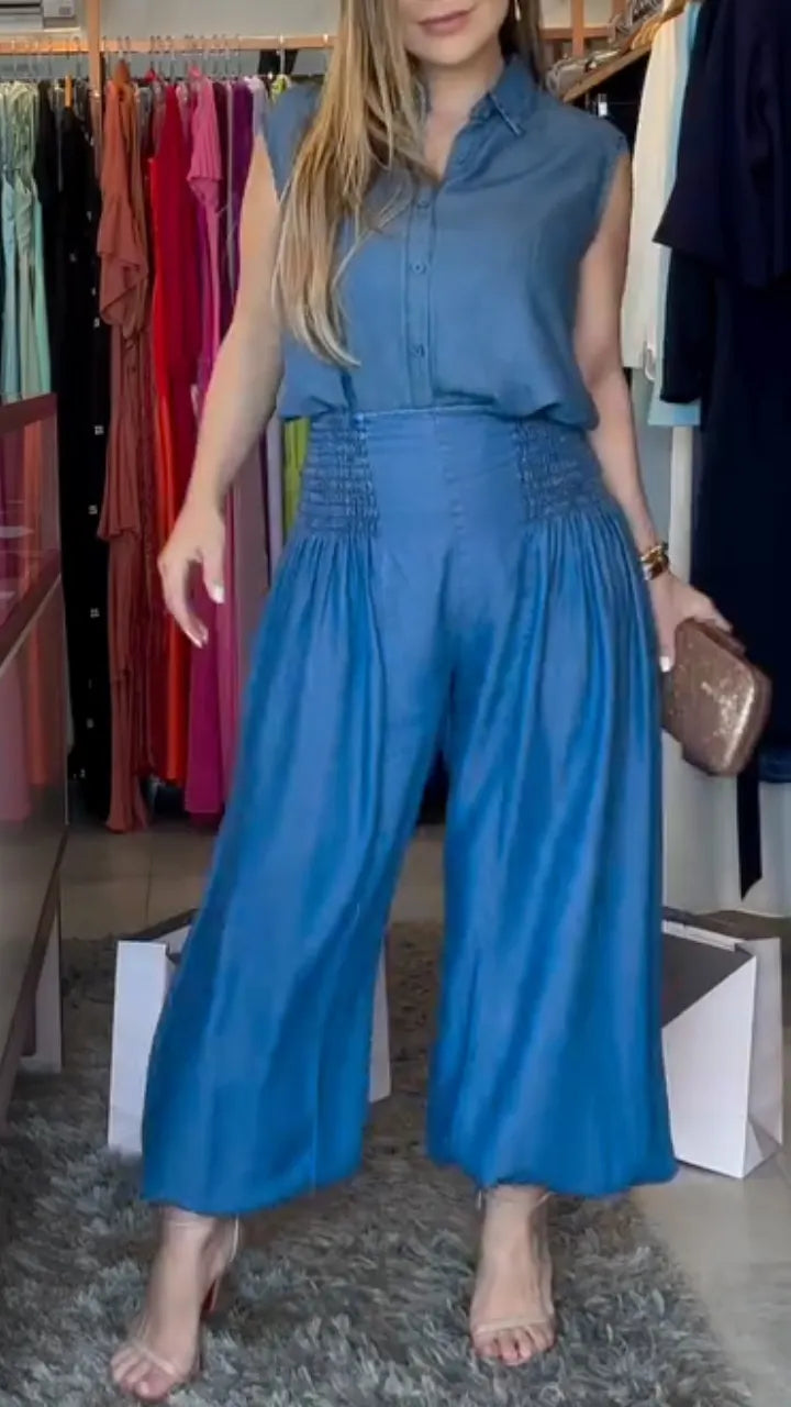 Sleeveless Collared Shirt And Harem Pants Suit