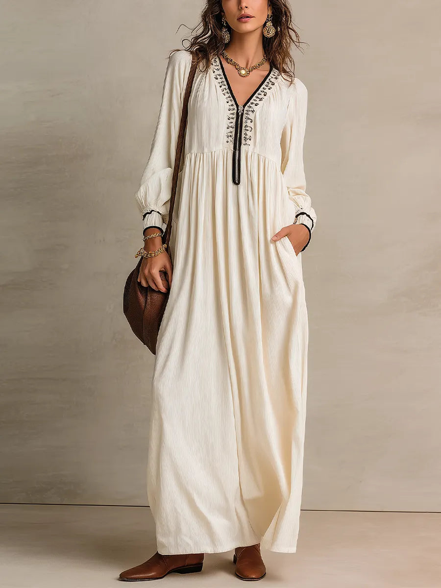 Elegant Ivory Contrast Trim Maxi Dress