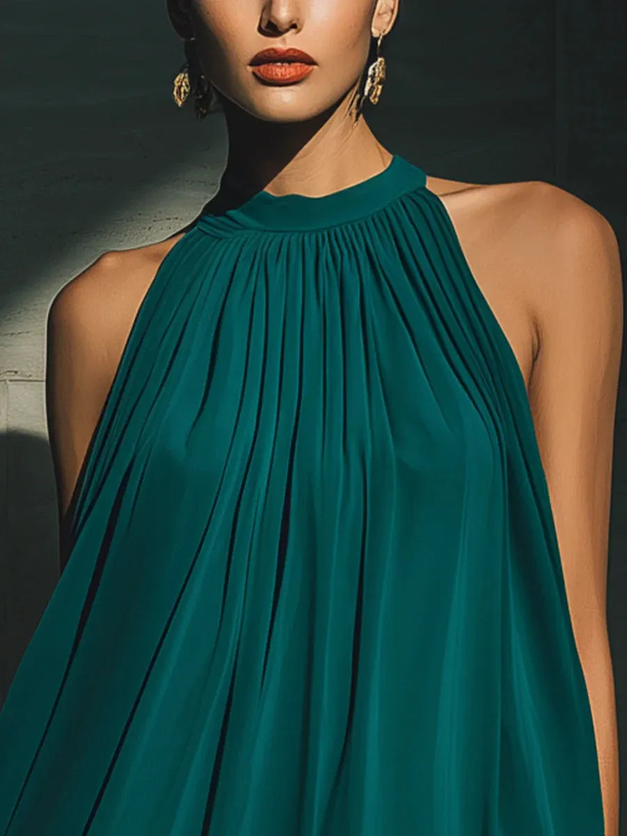 Women's Elegant Halter Neck Pleated Mini Dress - Silk-Touch Loose Flowy Party Swing Dress
