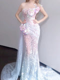 Sequinned Flower Embroidery Sleeveless Tube evening mermaid maxi Dresses