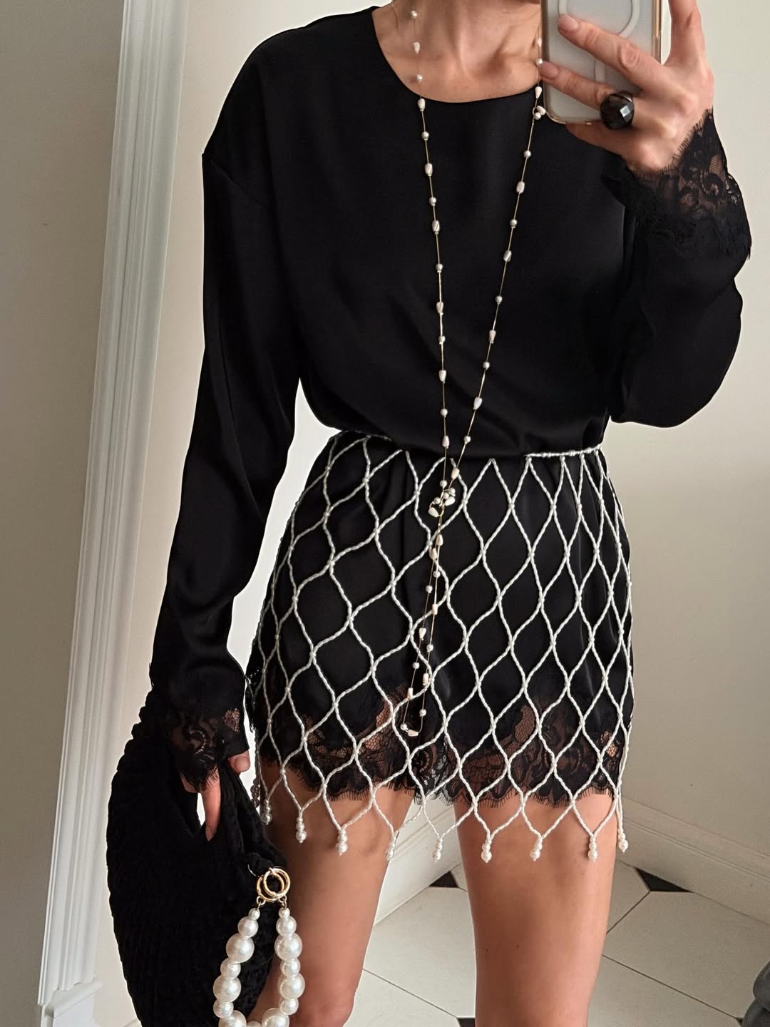 Satin & Lace Paneled Dress with Pearl-Embellished Mesh Belt — Two-Piece Set