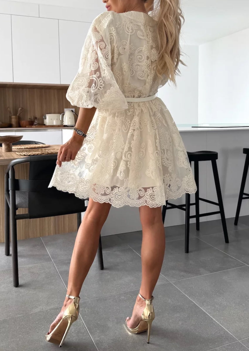 Women's Beige V-Neck Puff Sleeve Lace Embroidered Belted Mini Dress