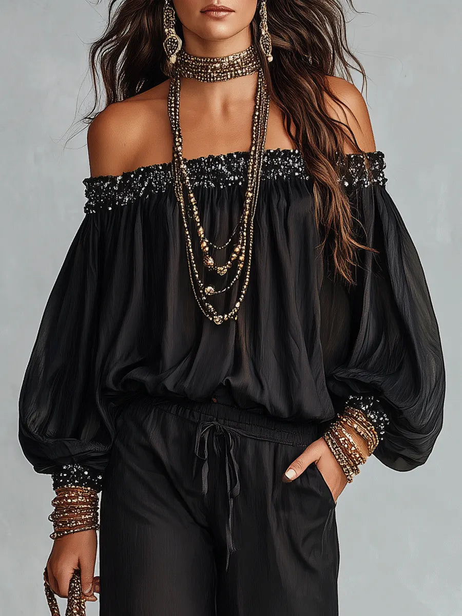 Bohemian Resort Black Off-Shoulder Blouse & Wide-Leg Pants Set