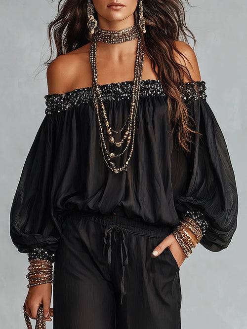 Bohemian Resort Black Off-Shoulder Blouse & Wide-Leg Pants Set