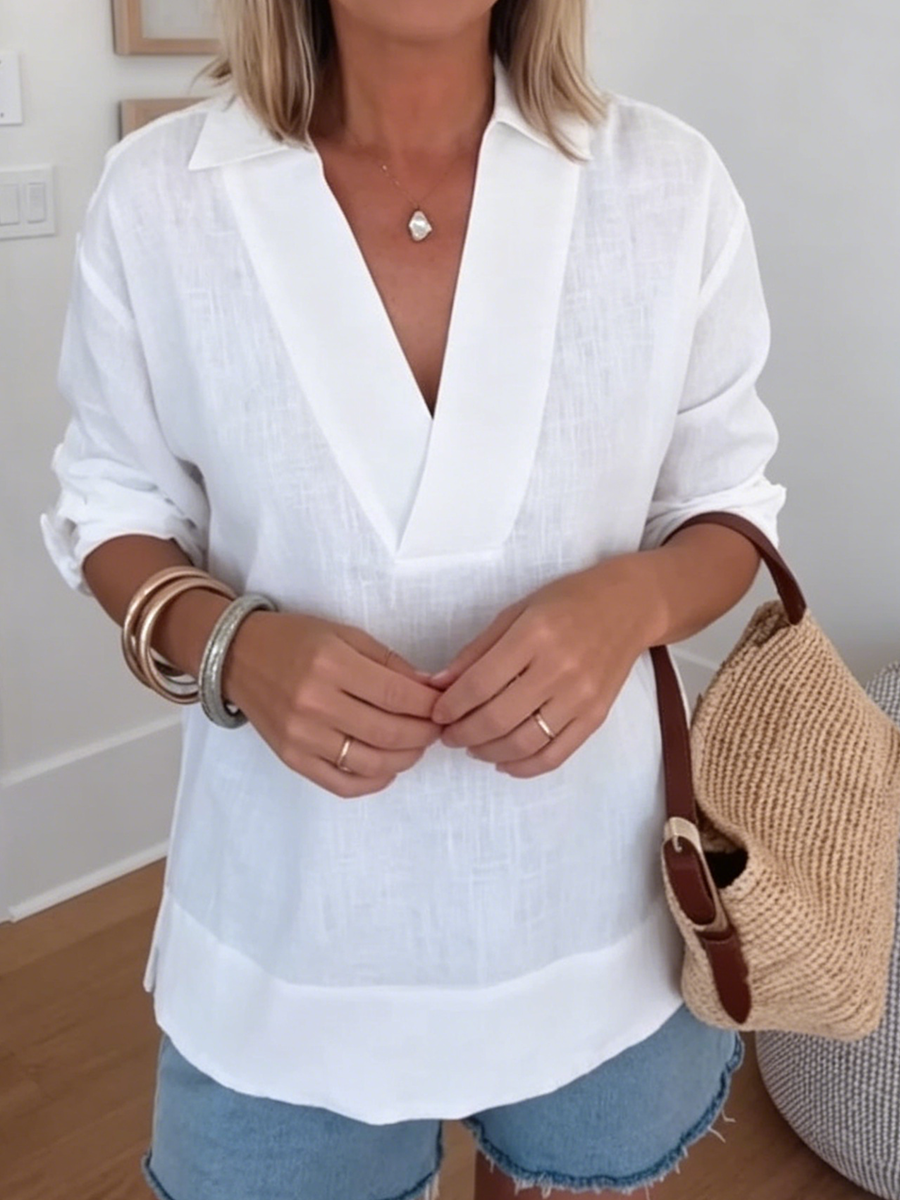 Minimalist & Cozy V-neck Cotton-linen Blouse
