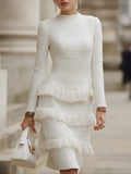 Ivory Tweed Fringe-Tiered Midi Dress