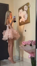Cute Ball Gown Spaghetti Straps Organza Pink Mini Short Formal 8th Grade Homecoming Dresses Summer Middle School Hoco Dress Homecoming Outfits Birthday Outfit DH1064