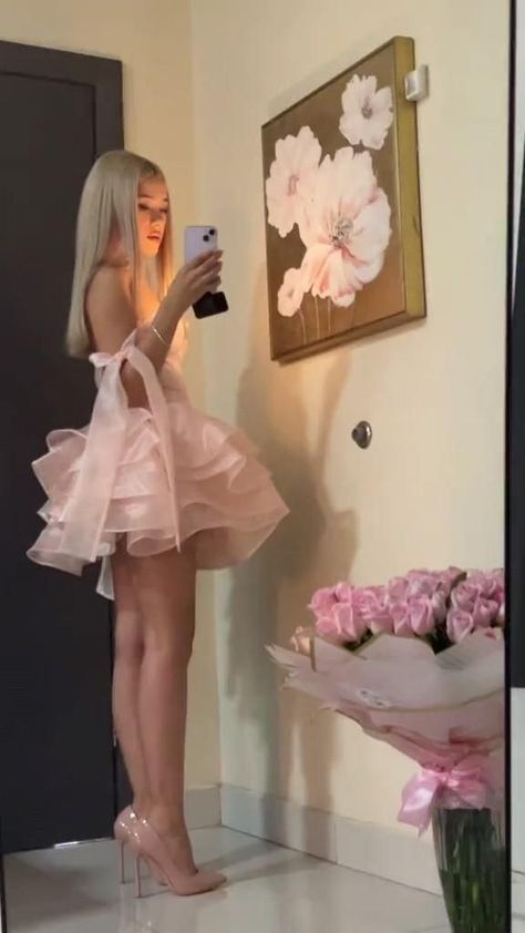 Cute Ball Gown Spaghetti Straps Organza Pink Mini Short Formal 8th Grade Homecoming Dresses Summer Middle School Hoco Dress Homecoming Outfits Birthday Outfit DH1064