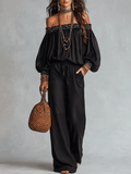 Bohemian Resort Black Off-Shoulder Blouse & Wide-Leg Pants Set
