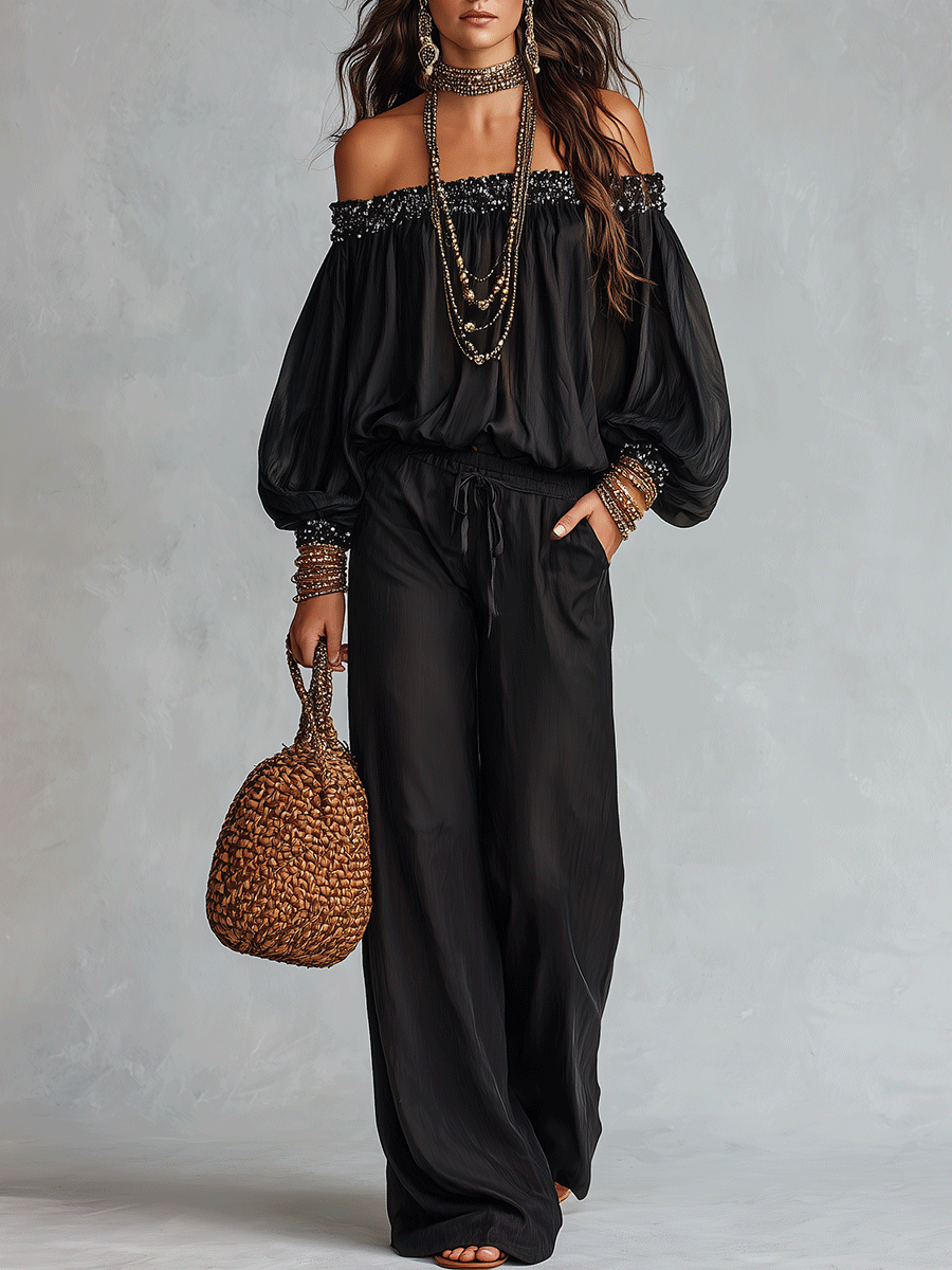 Bohemian Resort Black Off-Shoulder Blouse & Wide-Leg Pants Set